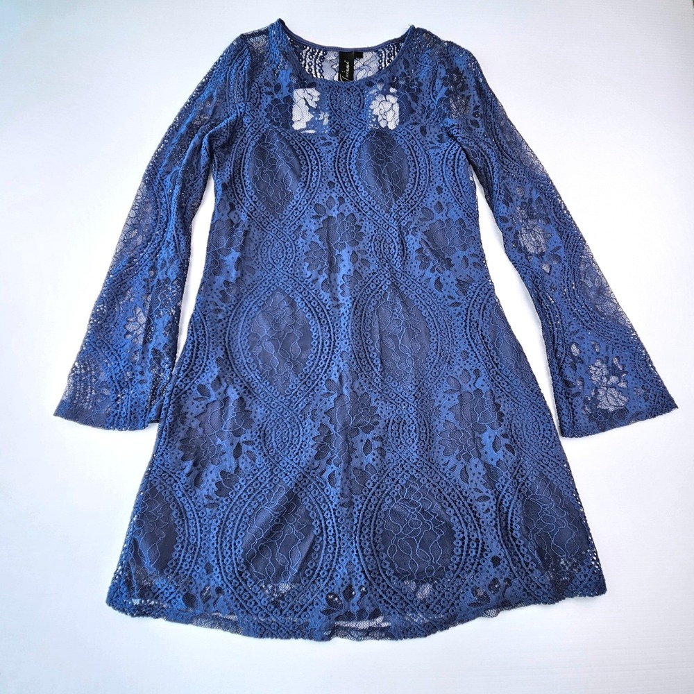 Trixxi Navy Blue Floral Lace Bell Sleeve Mini Dress Boho Whimsigoth